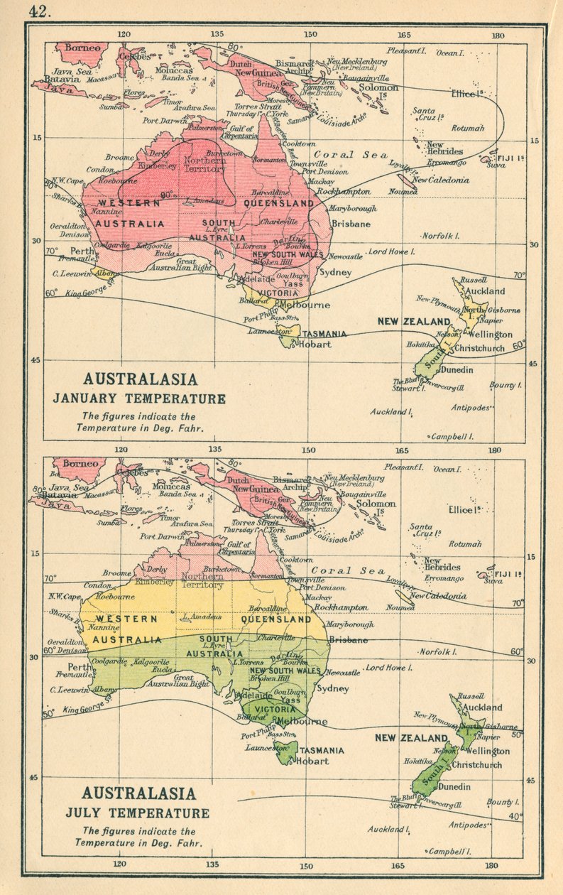 Kart: Australasia, januartemperatur, julitemperatur (fargelitografi) av English School