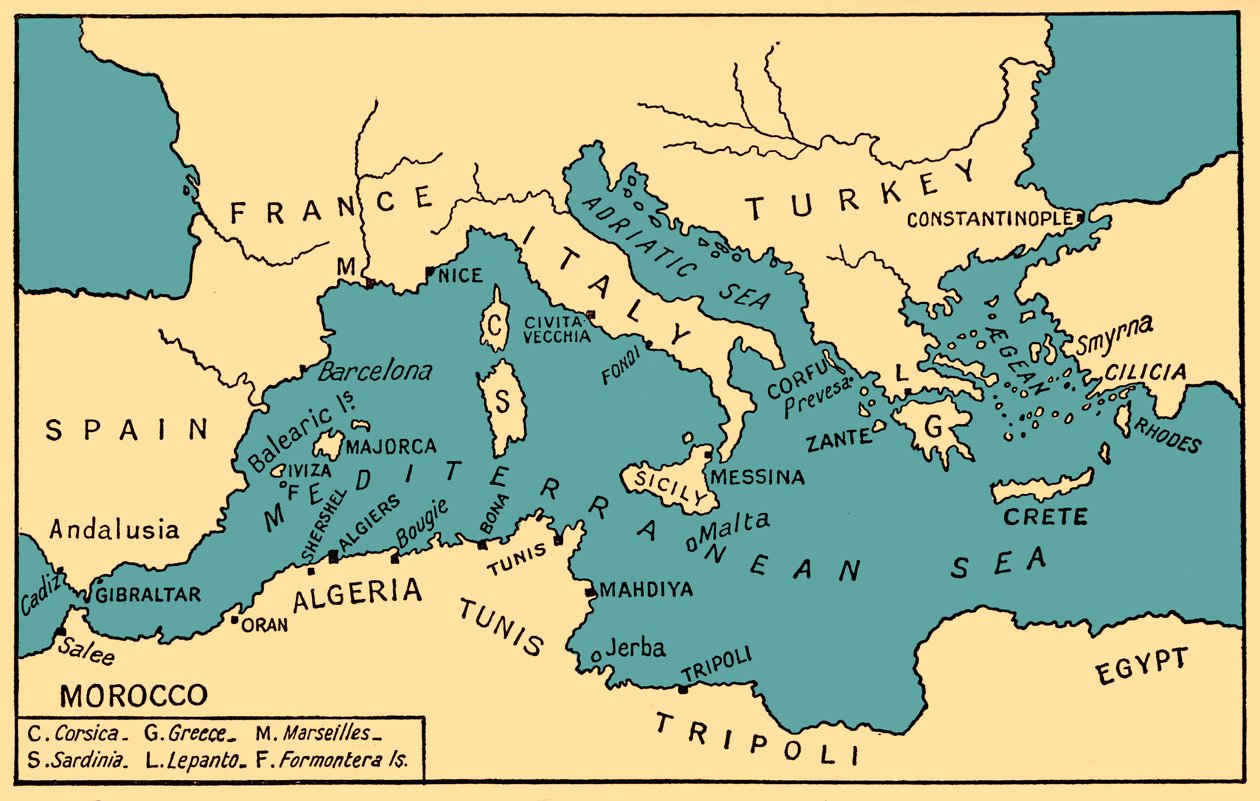 Kart over oldtidens piratvirksomhet og berberkaprerne, fra «History of Piracy» av Philip Gosse av English School