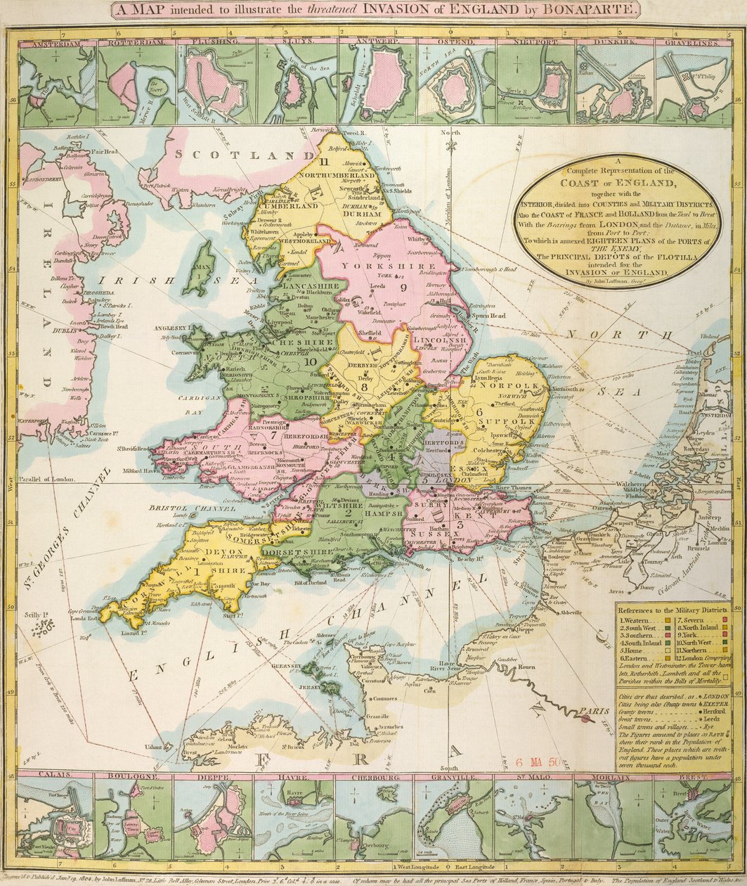 Kart over Storbritannia, som illustrerer den truede invasjonen av Napoleon Bonaparte (1769-1821) 1803 (farge litho) av English School