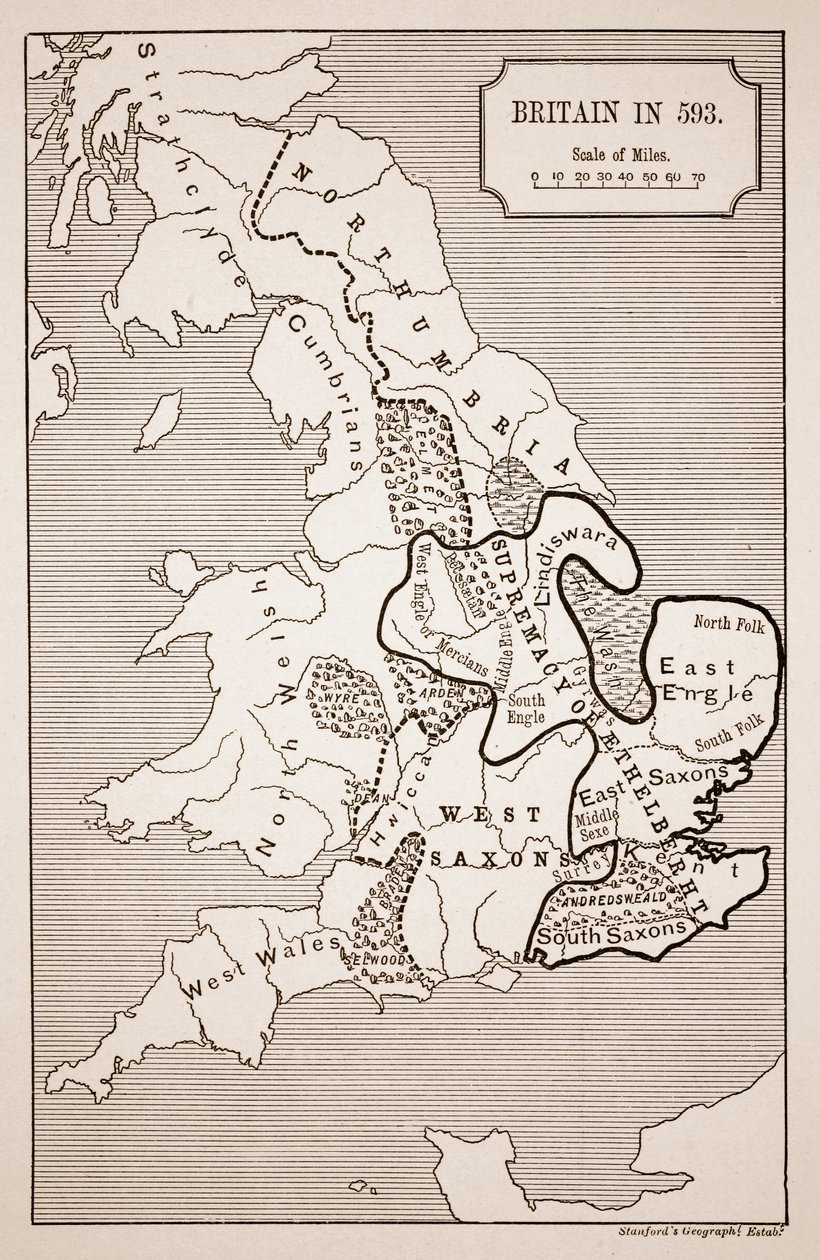 Kart over Storbritannia i 593, trykt av Stanfords Geographical Establishment av English School