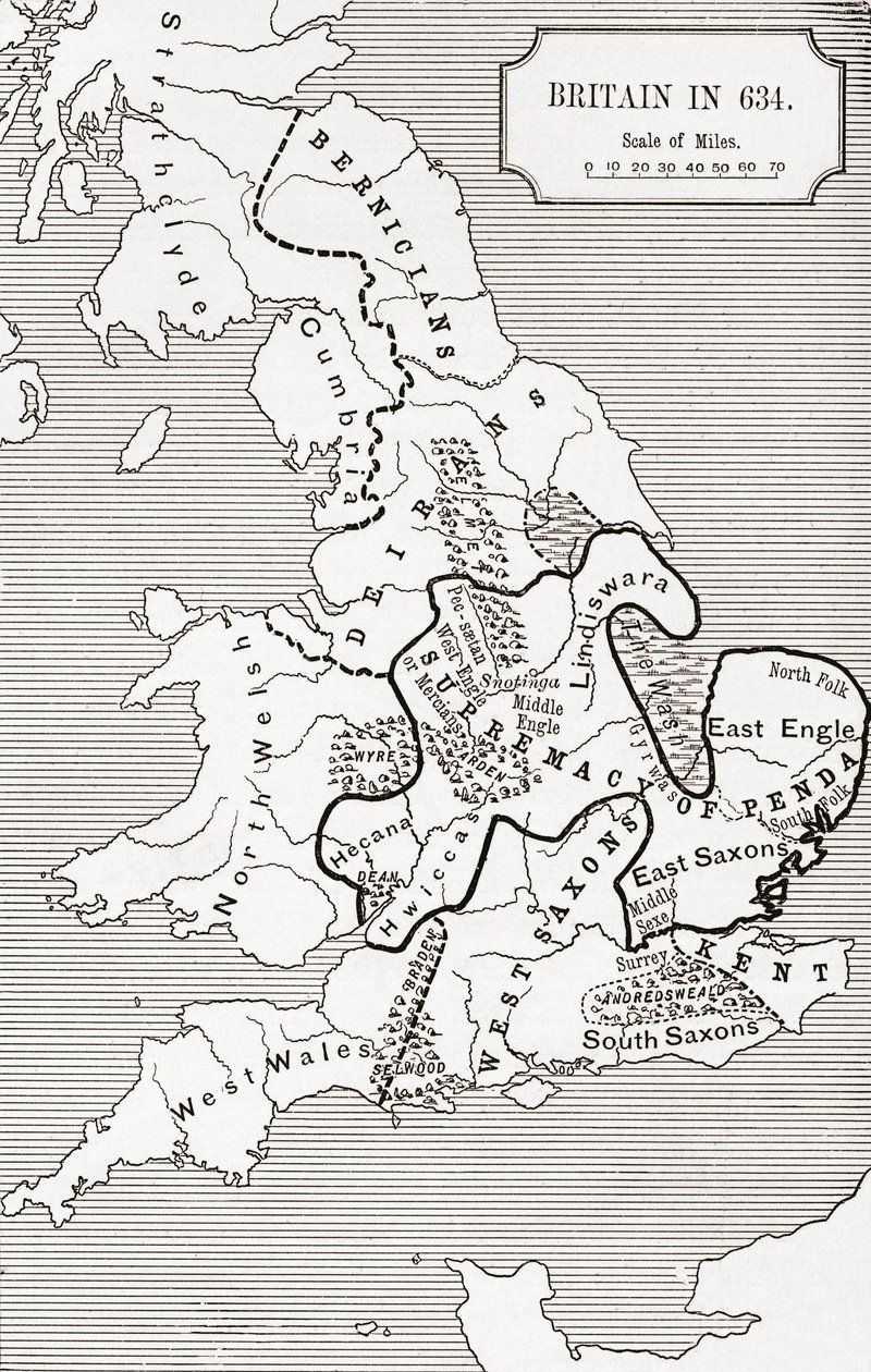 Kart over Storbritannia i 634, fra The Northumbrian Kingdom 588 til 685 i 