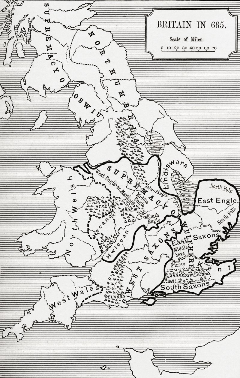 Kart over Storbritannia i 665, fra The Northumbrian Kingdom 588 til 685 i 