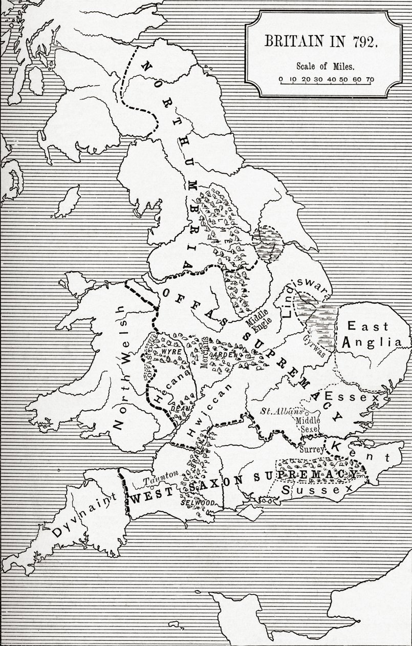 Kart over Storbritannia i 792, fra The Three Kingdoms 685 til 828 i 