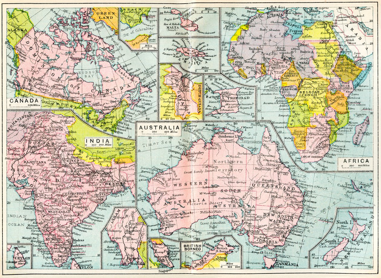 Kart over britiske eiendeler i 1914 ved utbruddet av første verdenskrig, fra The British Empire Universities Modern English Illustrated Dictionary, pub.1914 av English School