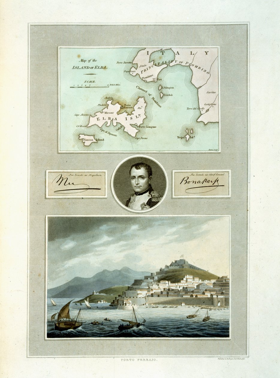 Kart over Elba og utsikt over Porto Ferraio med portrett av Napoleon og faksimile av signaturen hans, 1815 (fargegravering) av English School