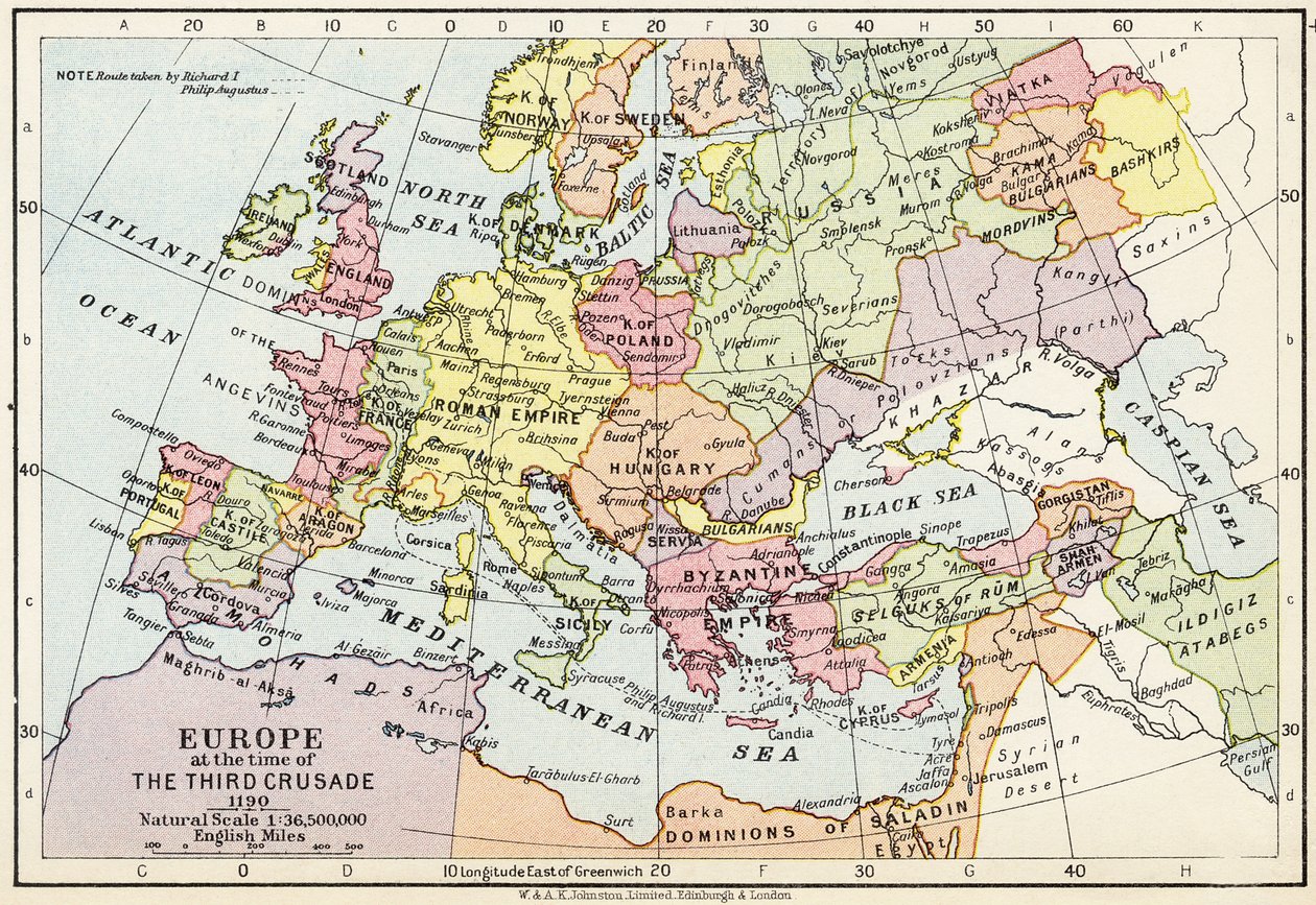 Kart over Europa på tidspunktet for det tredje korstoget, 1190, fra 