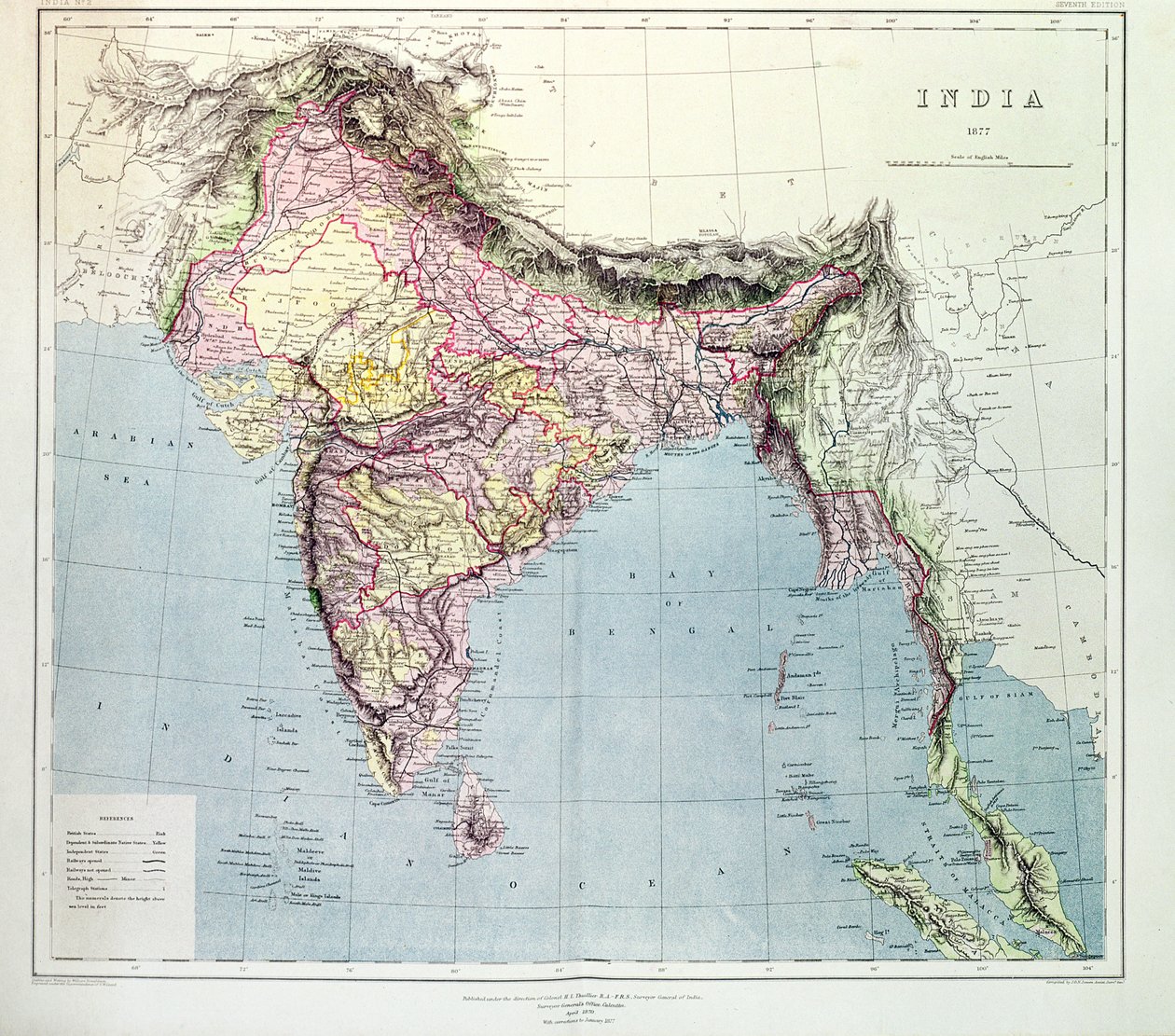Kart over India, publisert under ledelse av oberst HR Thuillier, RE, Surveyor General of India, 1877 av English School