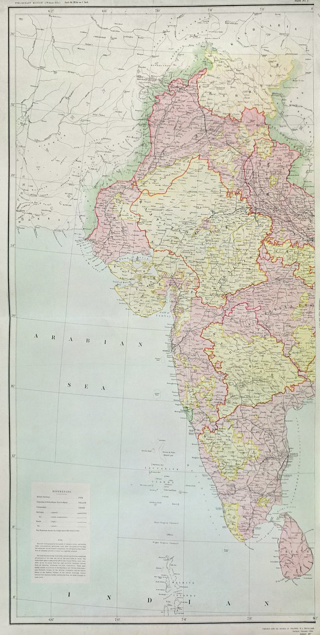 Kart over India, publisert under ledelse av oberst H.R. Thuillier, R.E., Surveyor General of India, 1877 av English School