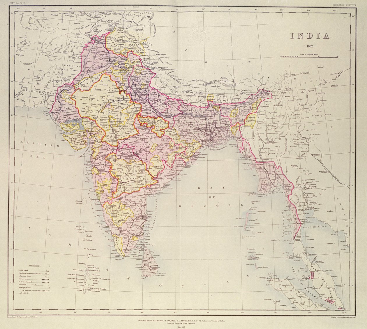 Kart over India, publisert under ledelse av oberst H.R. Thuillier, R.E., Indias landmåler, 1882 av English School