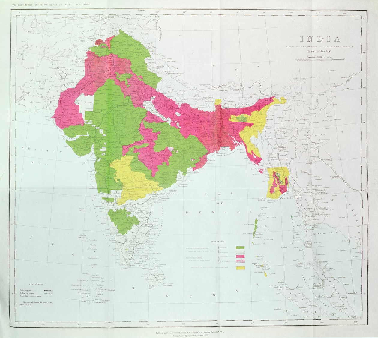 Kart over India, som viser fremgangen til Imperial Surveys, publisert under ledelse av oberst H.R. Thuillier, R.E., Indias landmåler, 1888 av English School