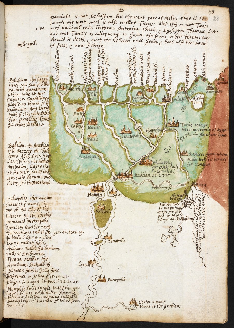 Kart over Nedre Egypt, fra notatboken til Sir Walter Raleigh (1552-1618), ca. 1606-08 (penn og blekk på papir) av English School