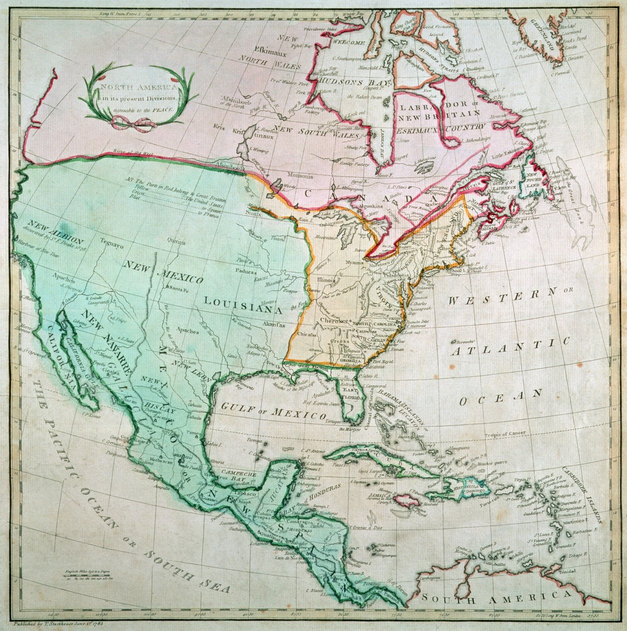 Kart over Nord-Amerika, utgitt av T. Stackhouse, 1783 av English School