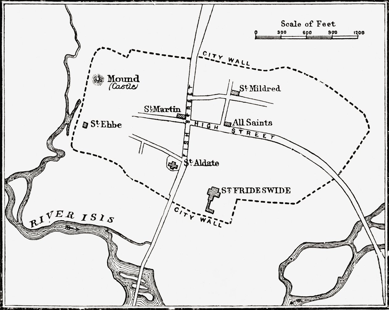 Kart over Oxford, England, 1100- til 1200-tallet, fra 