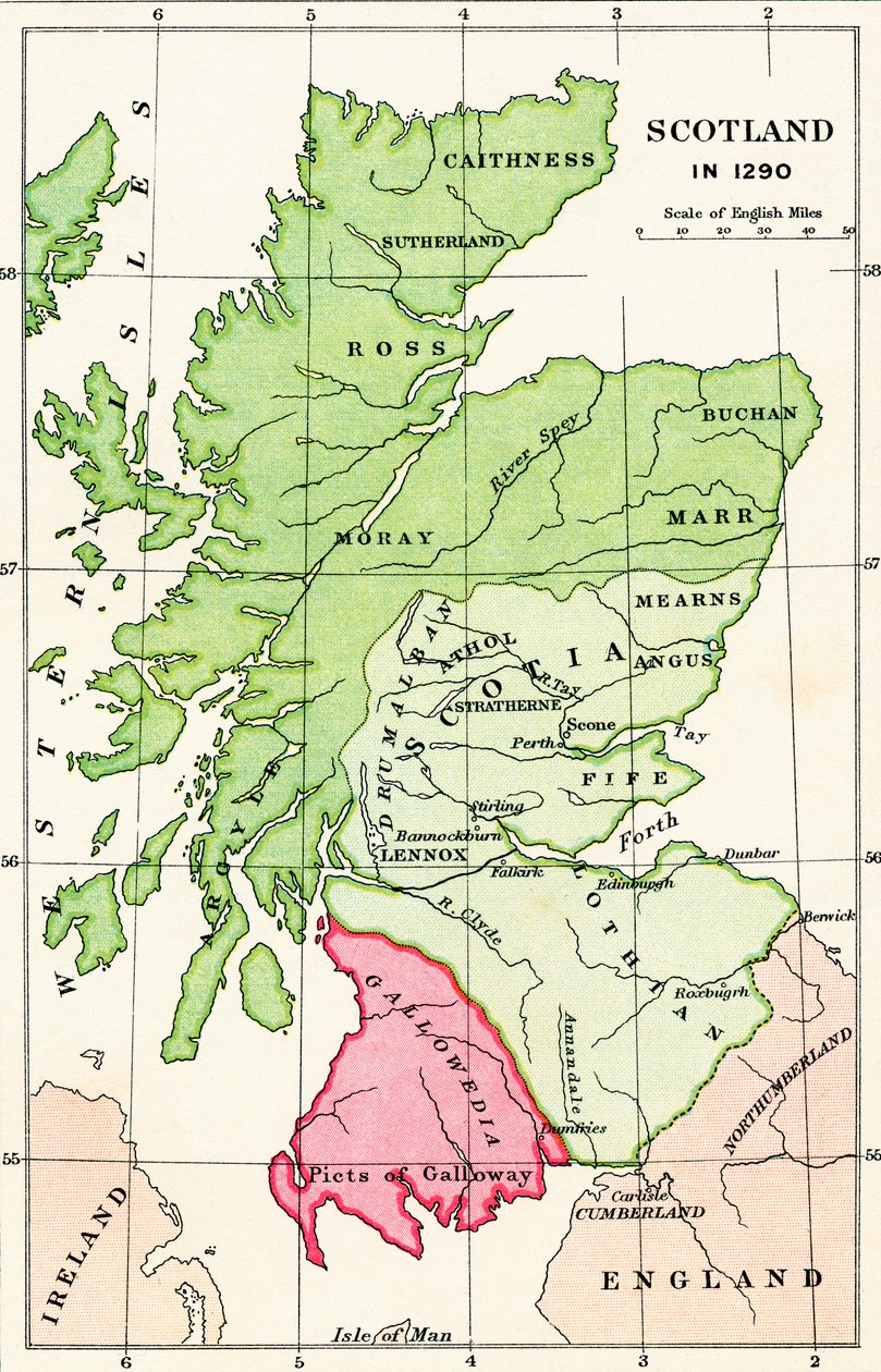 Kart over Skottland i 1290, fra 'A Short History of the English People' av JR Green, utgitt 1893 av English School