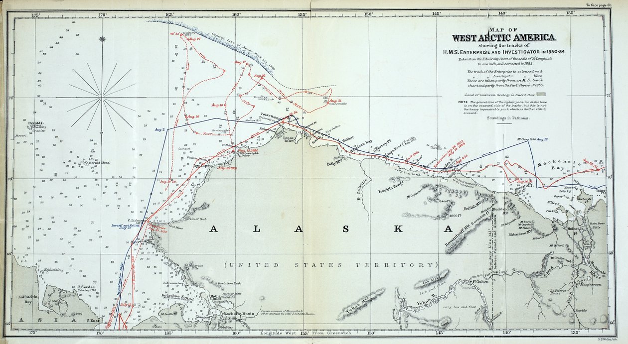 Kart over Vest-arktisk Amerika som viser sporene til HMS Enterprise and Investigator i 1850-1854 av English School