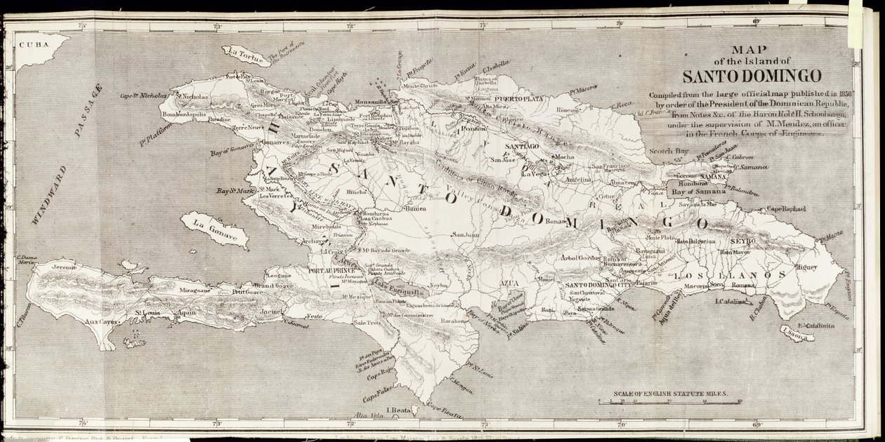 Kart over øya Santo Domingo, fra "Santo Domingo Past and Present" av Samuel Hazard, pub. 1873 (fotolito) av English School