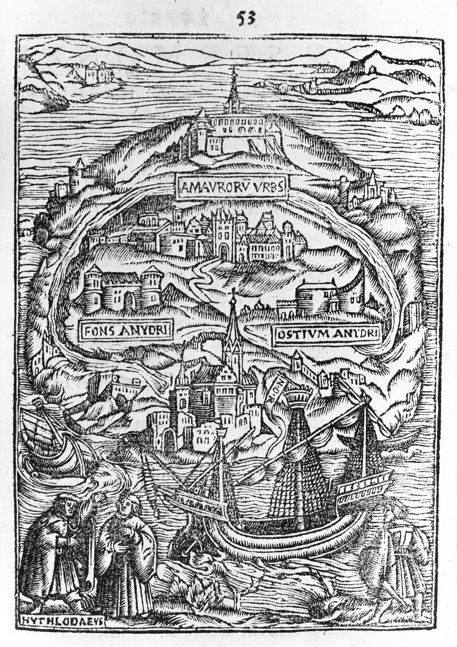 Kart over øya Utopia, bokfront, 1563 av English School