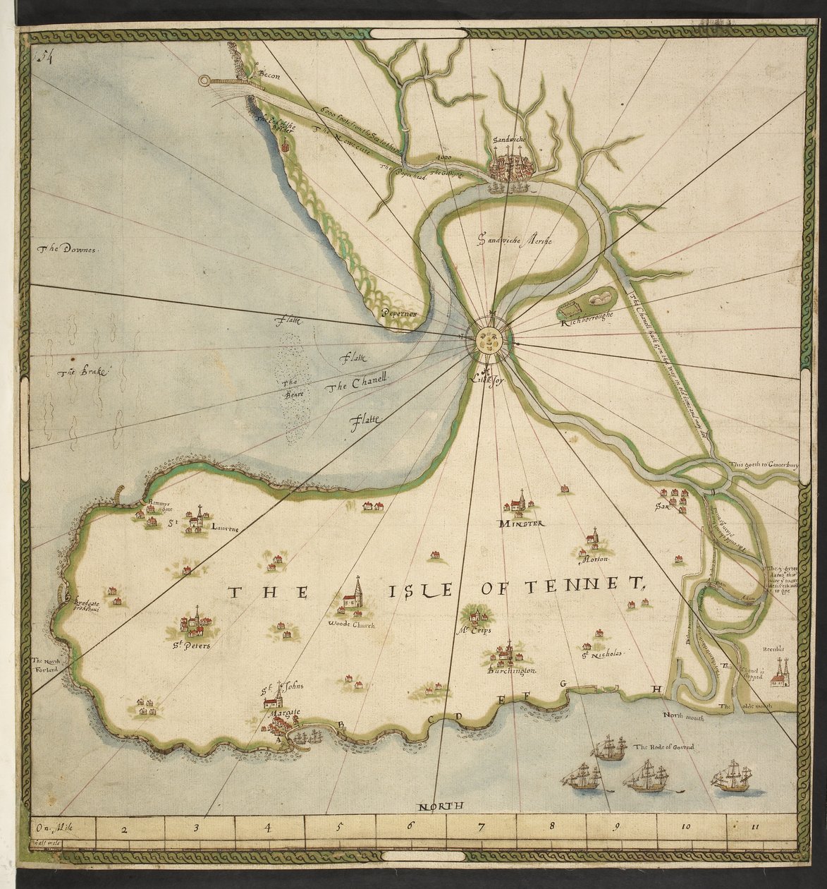 Kart over Isle of Thanet og Sandwich Marsh, basert på en plan av John Rogers, ca. 1610 (penn, blekk og akvarell på papir) av English School