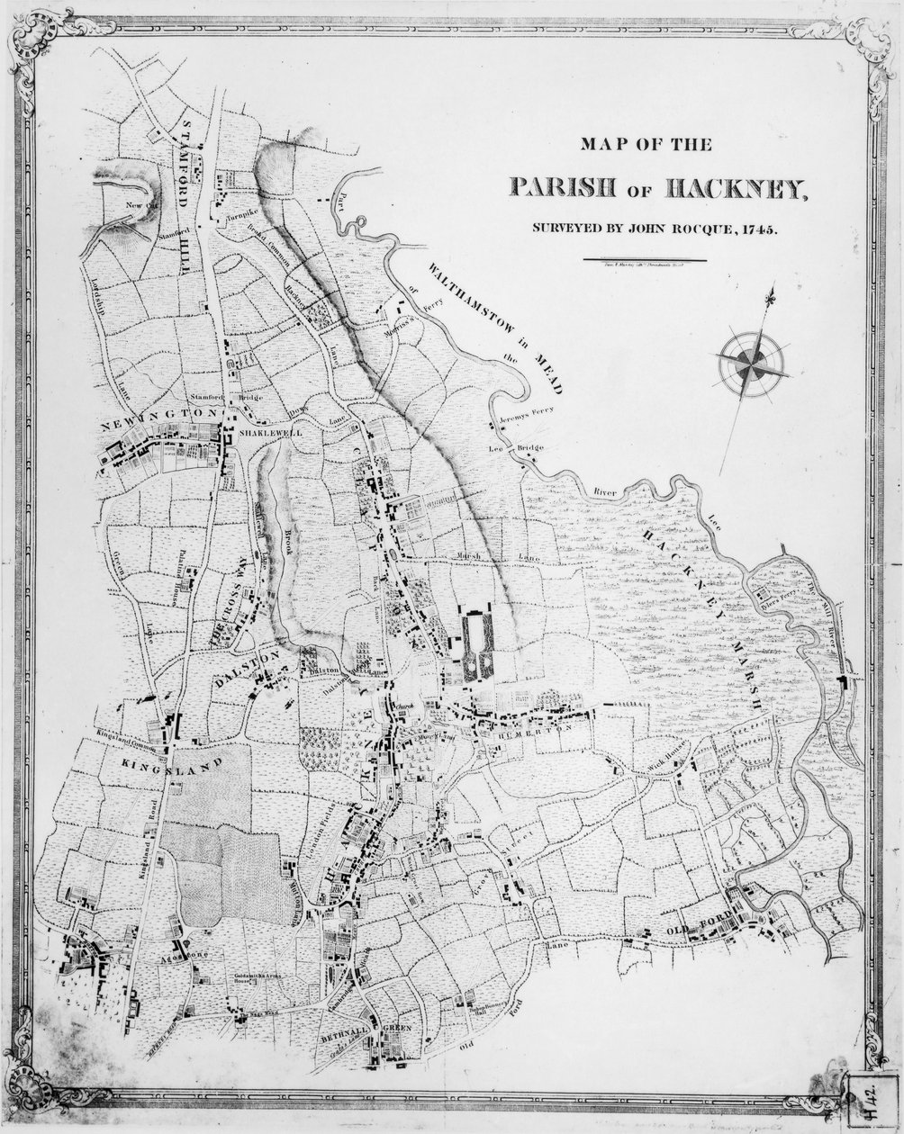 Kart over Parish of Hackney, kartlagt av John Rocque (ca. 1709-1762) 1745 av English School
