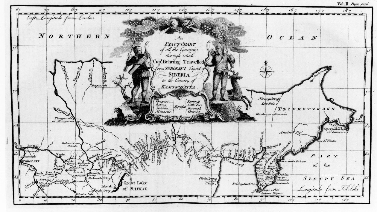 Kart over ruten tatt av Vitus Bering (1681-1741) over Sibir til Kamchatka, fra Navigantium atque Itinerantium Bibliotheca publisert 1744 av English School