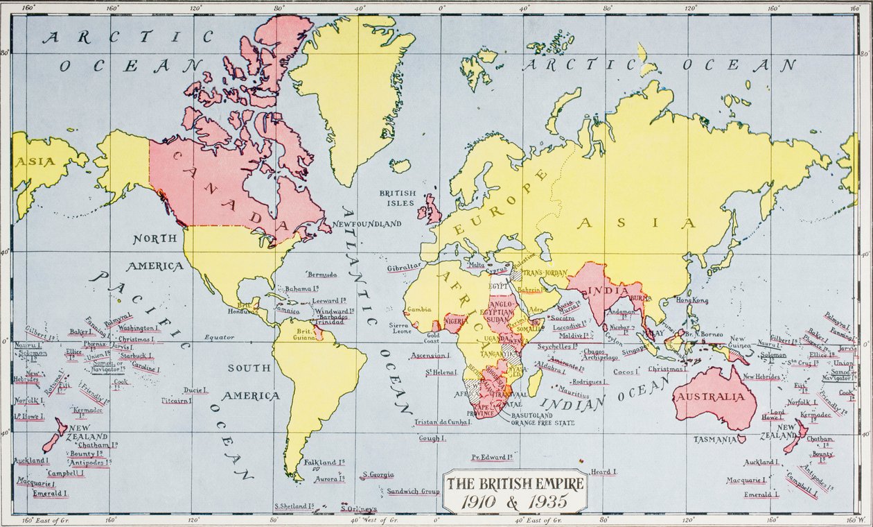 Kart som viser kongens imperium, i rødt, i 1910 og 1935, fra 