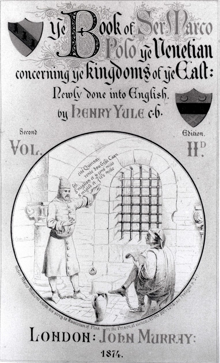 Marco Polo dikterer memoarene sine i fengselet til Rustichello av Pisa, tittelside til bind 2 av The Book of Marco Polo the Venetian Concerning the Kingdoms of the East, oversatt av Henry Yule, andre redigering av English School