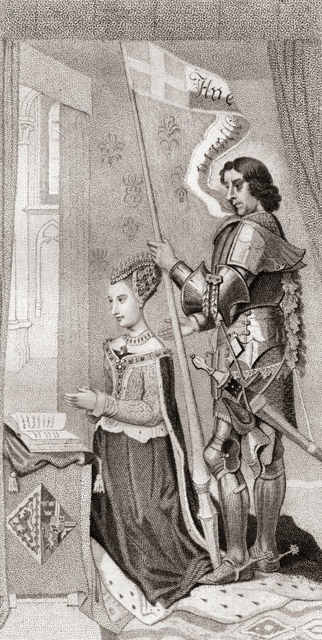 Margaret av Danmark med St. Knud, Danmarks beskytter, bak seg med et banner som viser korstogenes kors. Margaret av Danmark av English School