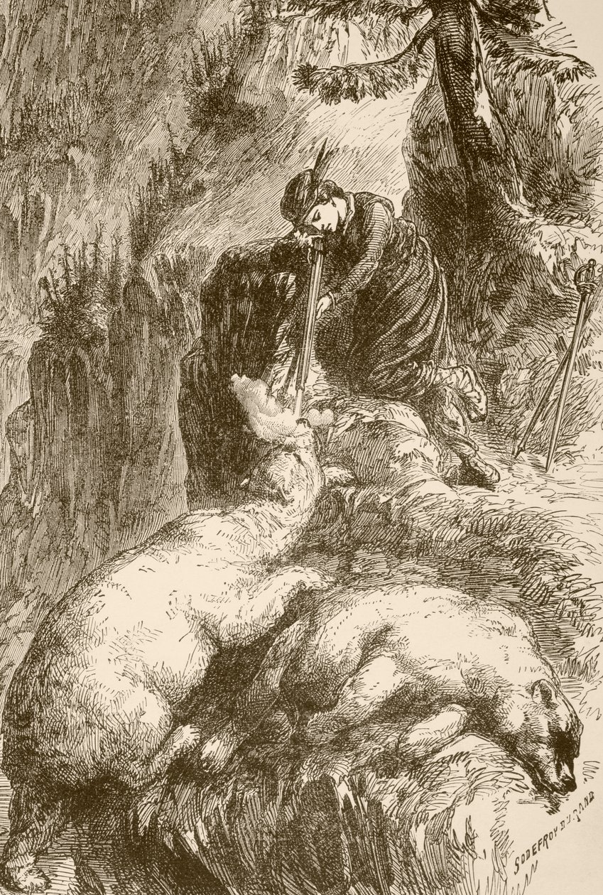 Marguerite de Roberval skyter to bjørner på Isle of Demons utenfor Newfoundland (litho) av English School