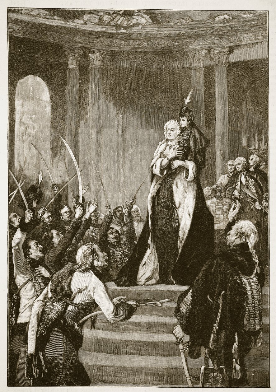Maria Theresa og det ungarske parlamentet, illustrasjon fra Cassells Illustrated History of England (sepiafoto) av English School