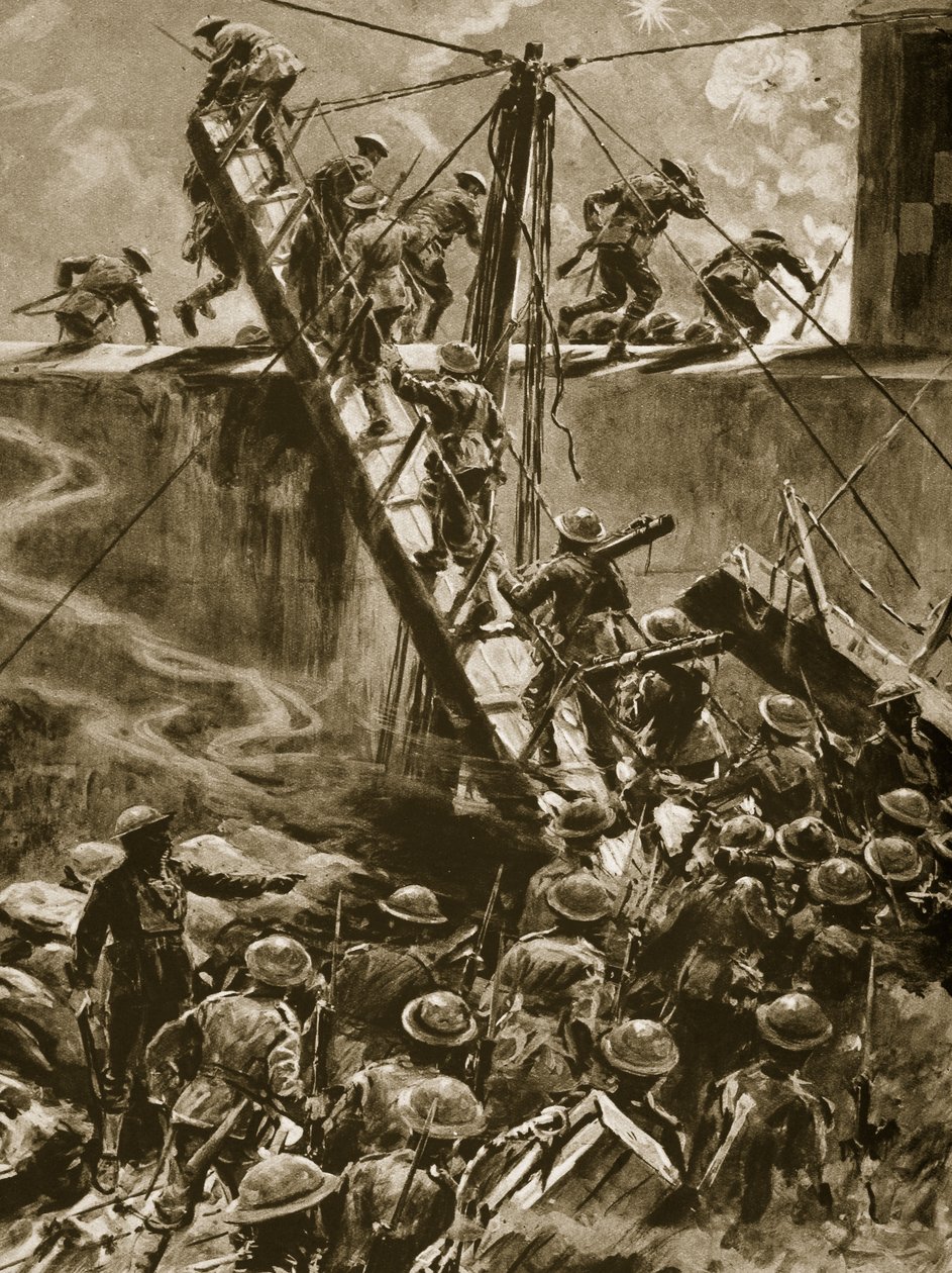 Marinesoldater og blåjakker dukker opp i landgangene fra H.M.S Vindictive, 1914-19 av English School