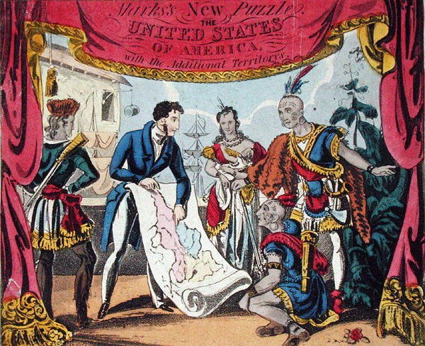 Marks nye puslespill. Amerikas forente stater, med de ekstra territoriene, utgitt av J.F. Marks, London (farge litho) av English School