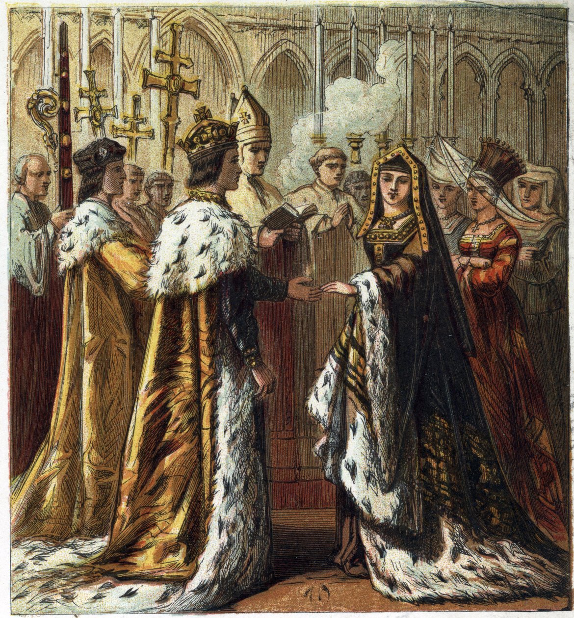 Ekteskap mellom Henrik VII, konge av England (1457-1509) med Elizabeth av York (1466-1503) 18. januar 1486. Ekteskap med Henry Seventh og Elizabeth av York. kromolitografi i "" Pictures of English History"" utgitt av George Routledge & Sons.1890. Privee av English School