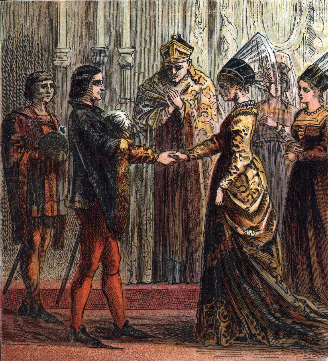 Ekteskap av kong Henry V av England (1387-1422) med Catherine de Valois (1401-1437) i 1420. "Marriage Of Henry V," 1420. Henry giftet seg med Catherine, datter av Kongen av Frankrike. av English School
