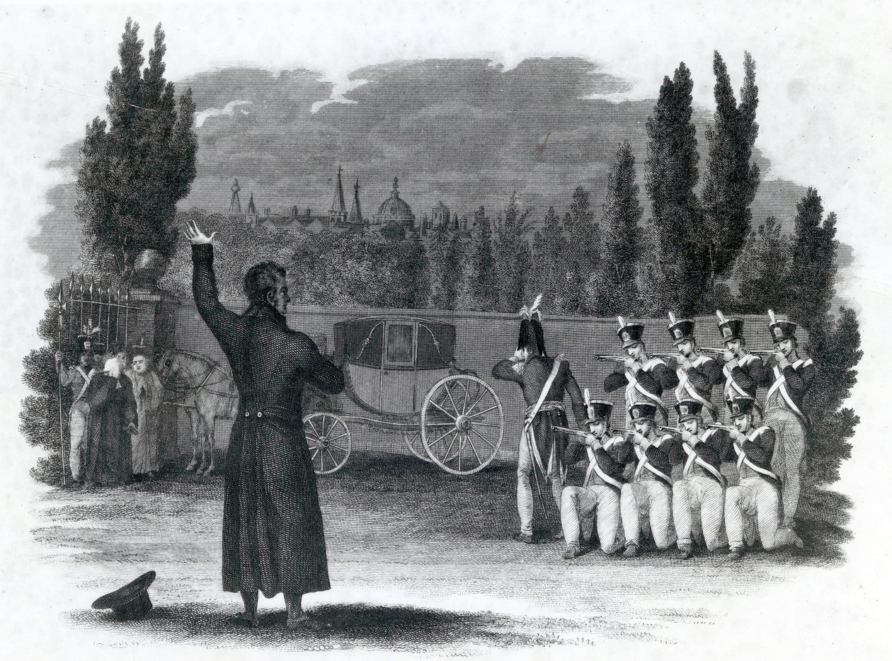 Marshal Ney skjøt seg selv og ga kommandoordet, utgitt av Thomas Kelly, 1816 av English School