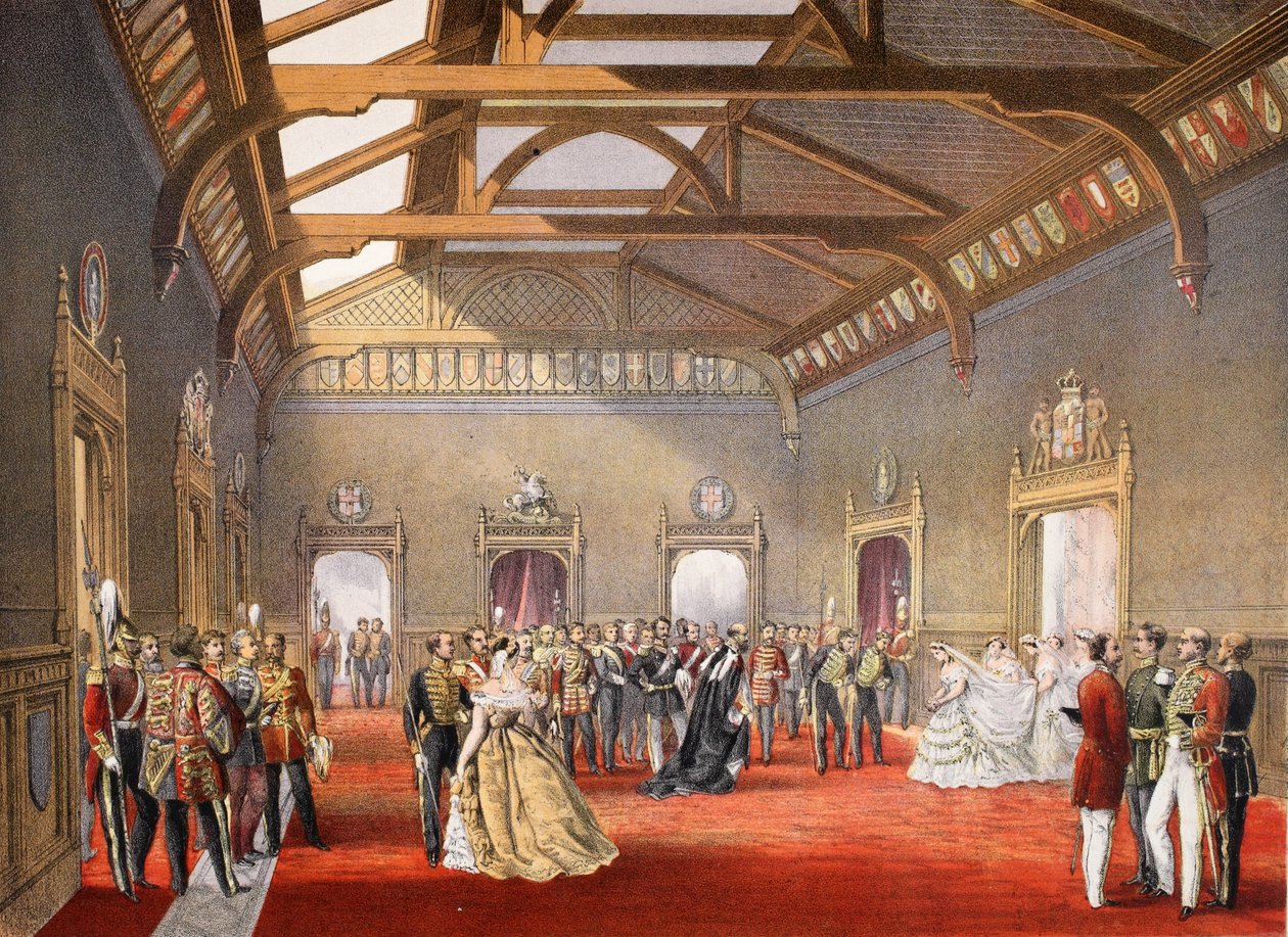Marshalling av prosesjonen til bruden i den sentrale hallen til de midlertidige leilighetene, fra A Memorial of the Marriage of Edward VII and Alexandra of Denmark, pub. 1864 av English School