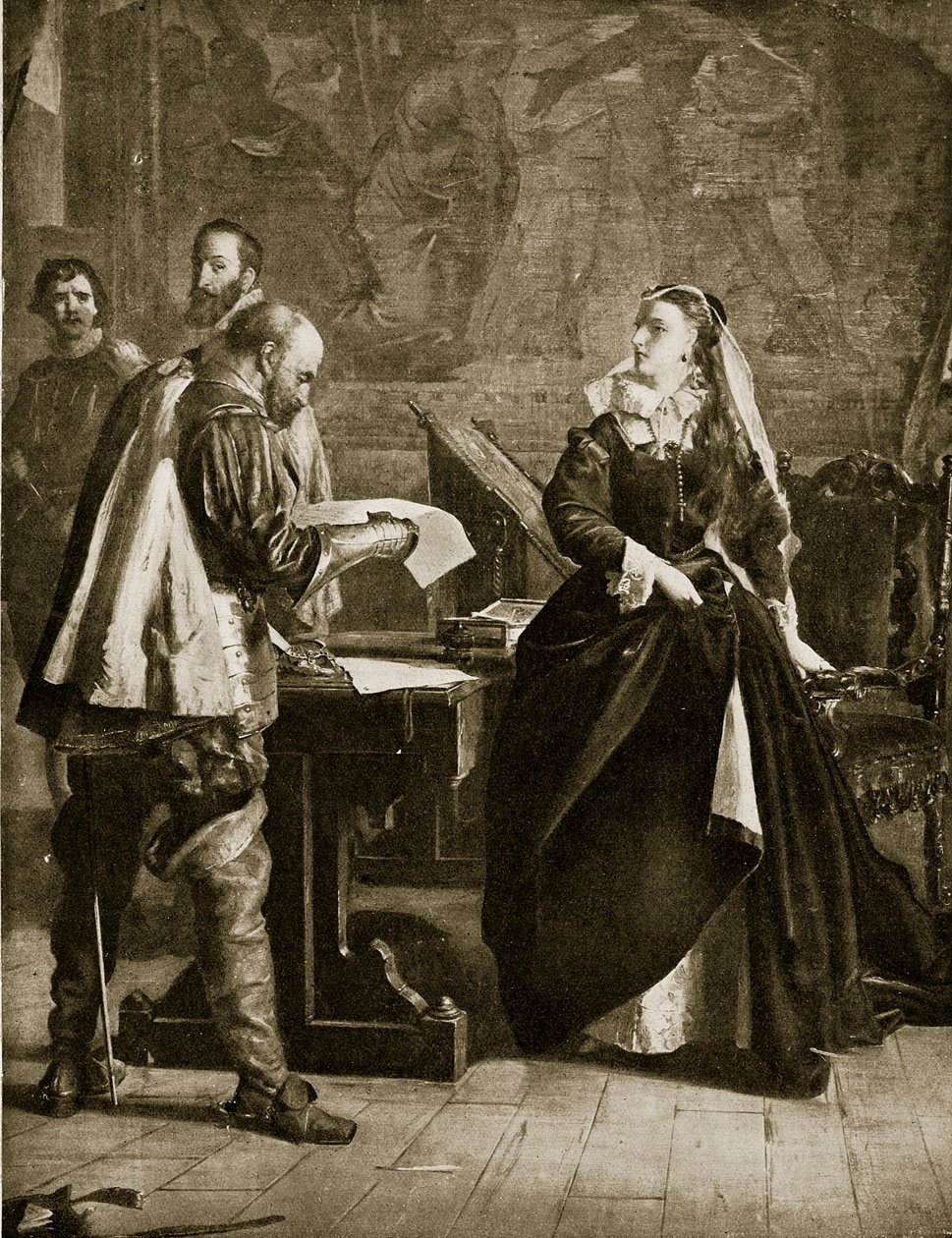 Mary Queen of Scots signerer sin abdikasjon, juli 1567, illustrasjon fra Hutchinsons Story of the British Nation, ca. 1923 av English School