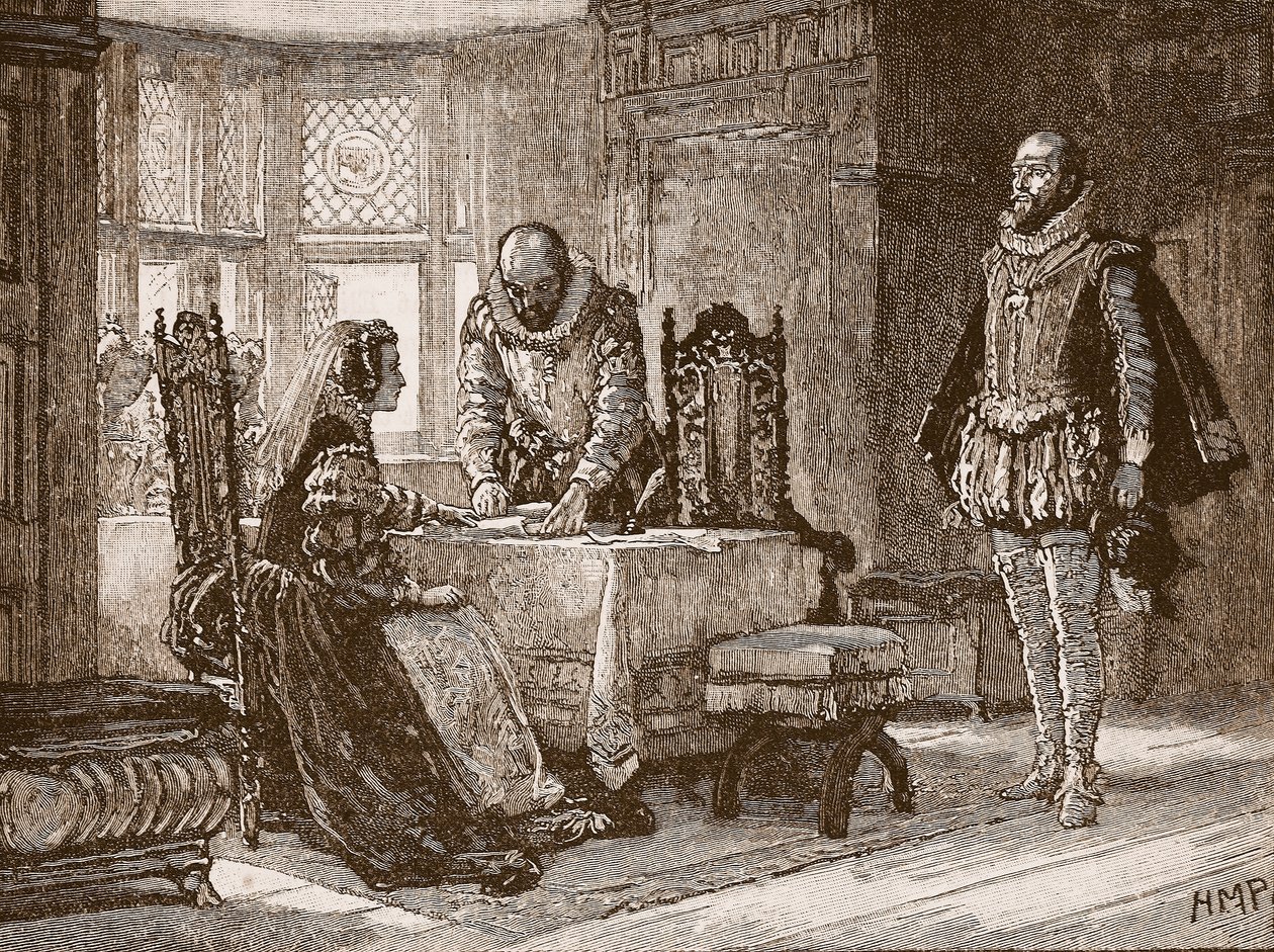 Mary signerer abdikasjonsbrevet i Lochleven Castle, illustrasjon fra Cassells Illustrated History of England (sepiafoto) av English School