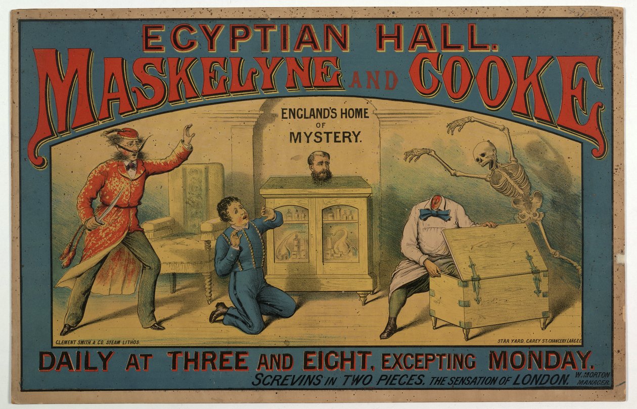 Maskelyne & Cooke ved den egyptiske hallen ca. 1880 (farge litho) av English School