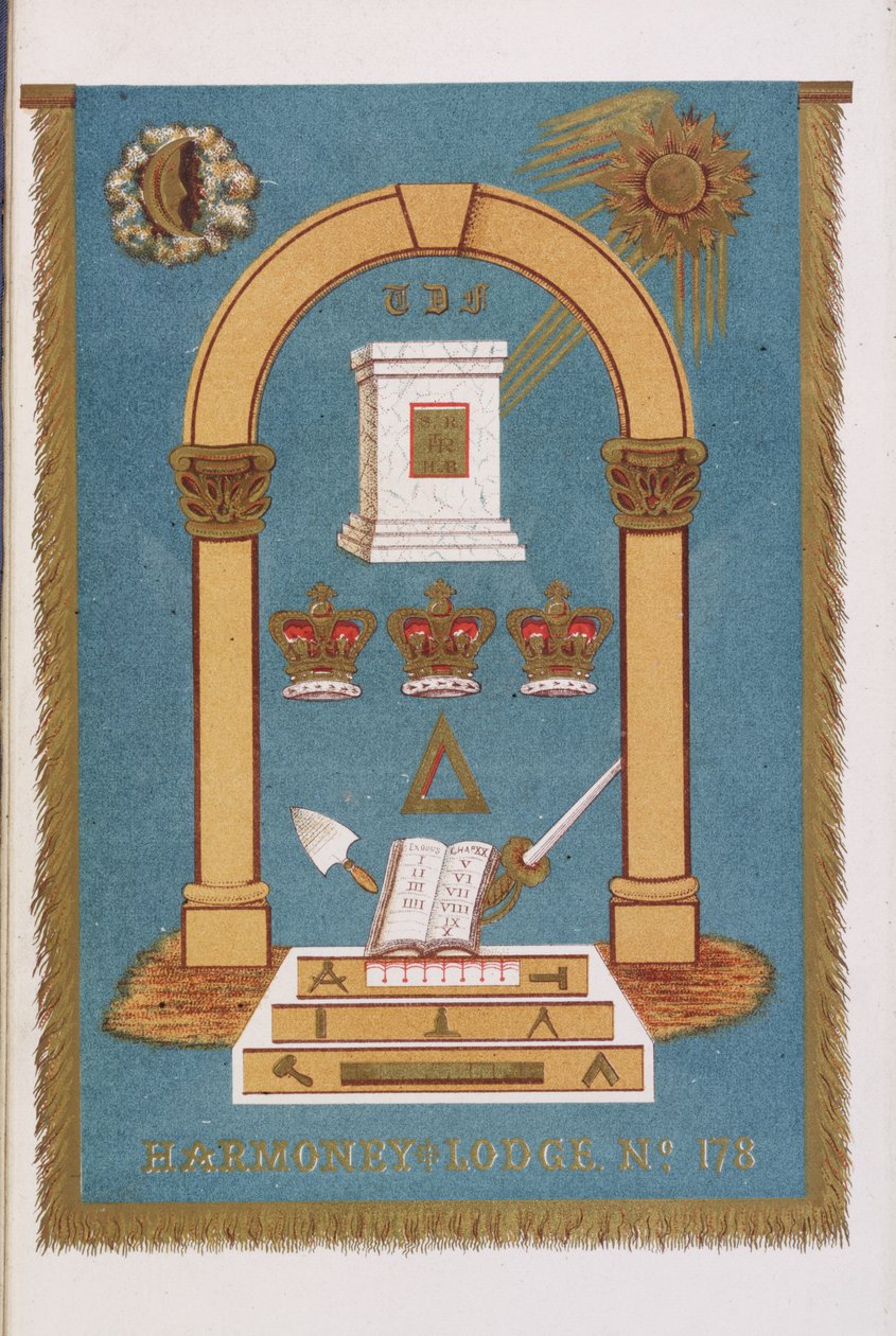 Frimurerloge-emblem som viser søyler og forskjellige symboler av English School