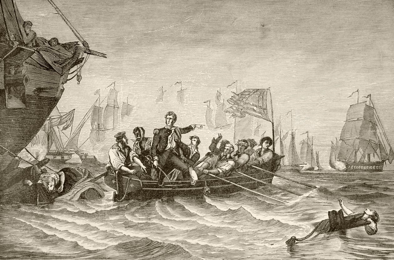 Mesterkommandant Oliver Hazard Perry overfører fra US Brig Lawrence til US Brig Niagra under slaget ved Lake Erie (litho) av English School