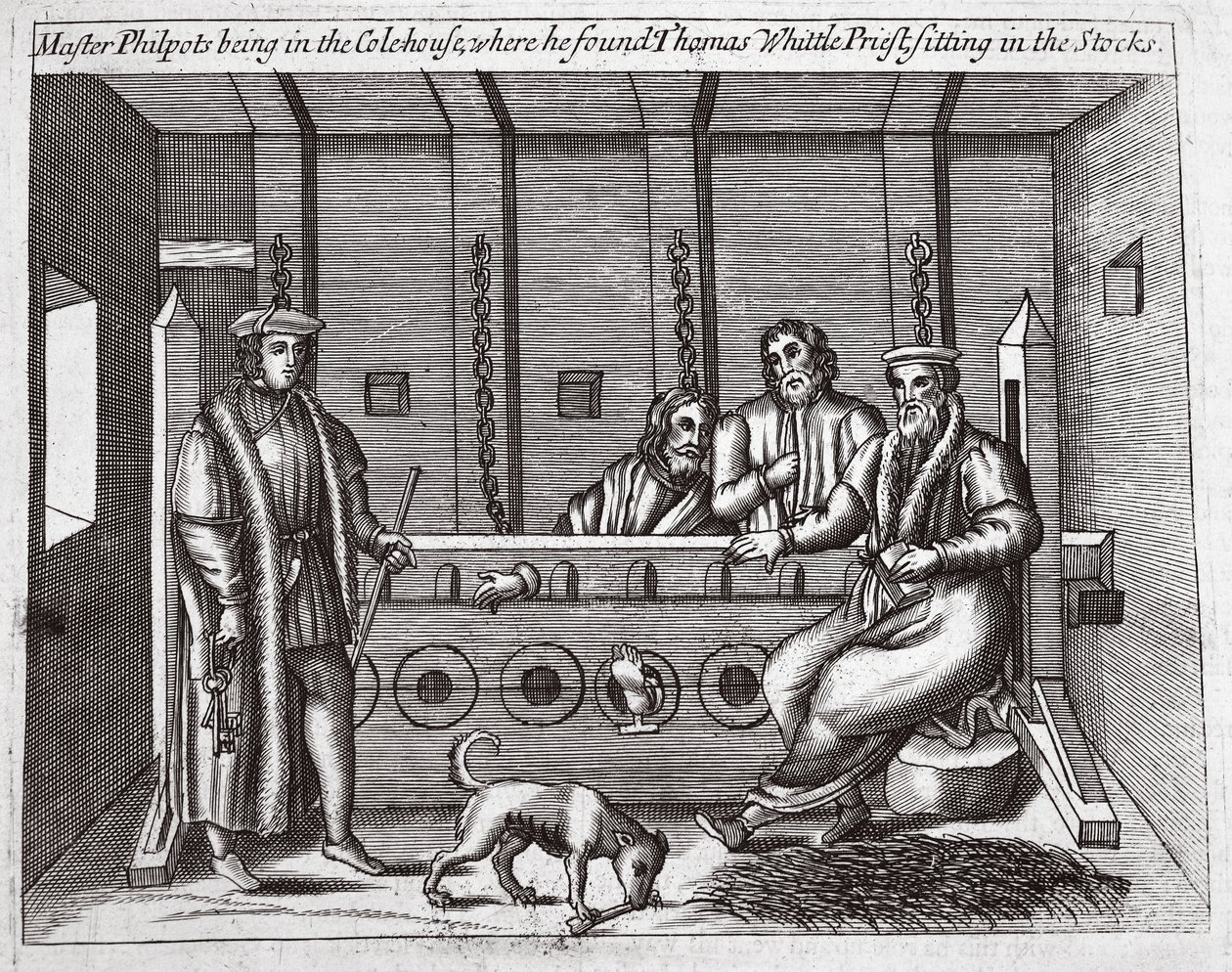 Mester Philpots var i Colehouse, hvor han fant Thomas Whittle, prest, sittende i aksjene, illustrasjon fra Acts and Monuments av John Foxe, niende utgave, pub. 1684 av English School