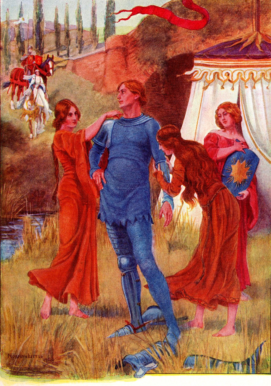 Medieval Knight, Morning Star klar for kamp. Farget illustrasjon fra historien om Gareth og Lynette fra boken The Gateway to Tennyson utgitt 1910. av English School