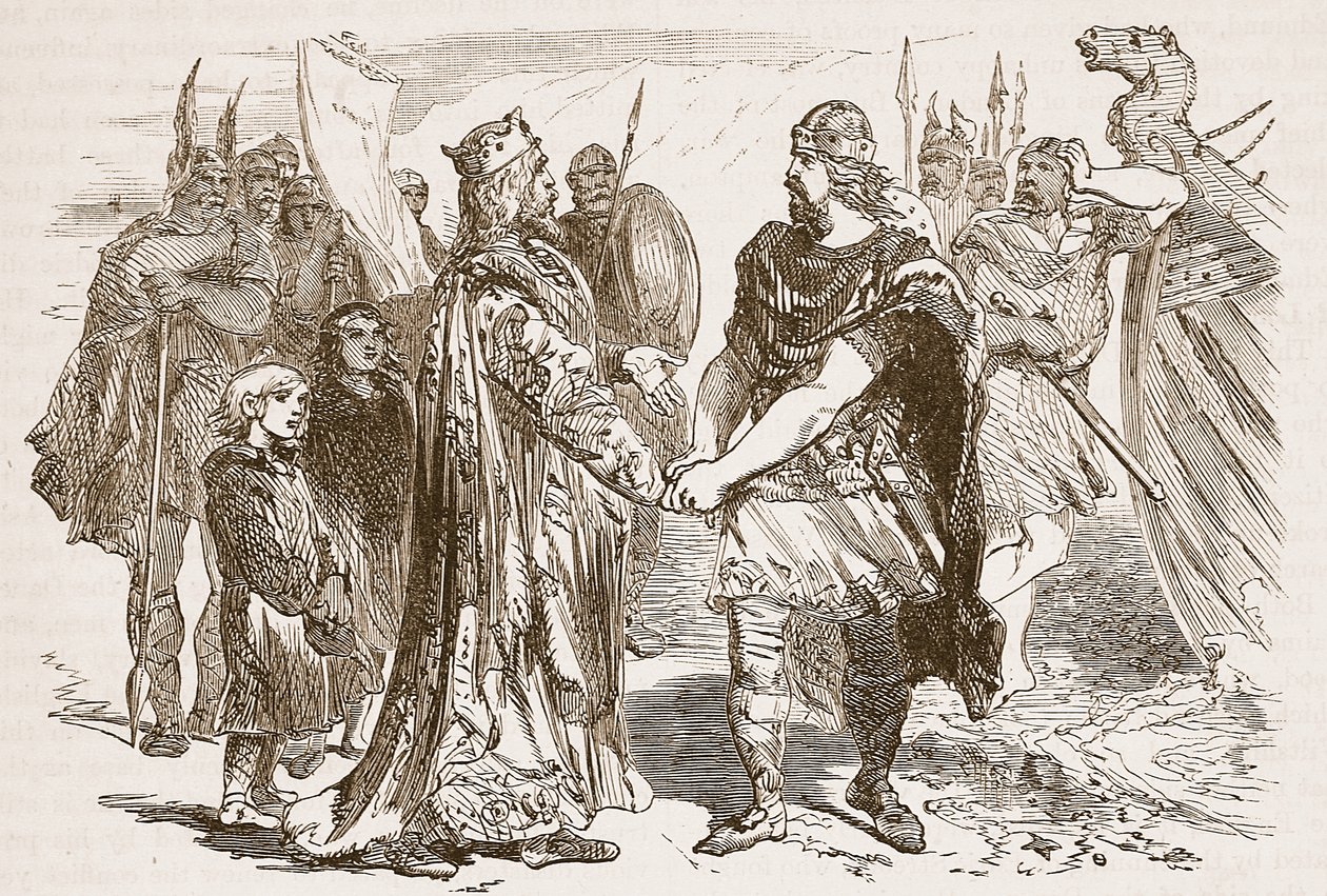 Møte mellom Edmund Ironside og Canute på Isle of Alney i Severn i 1016, illustrasjon fra Cassells Illustrated History of England (sepiafoto) av English School