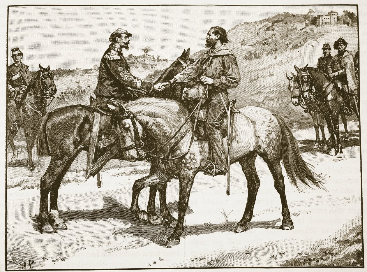 Møte mellom Garibaldi og Victor Emmanuel, illustrasjon fra Cassells Illustrated History of England (sepiafoto) av English School