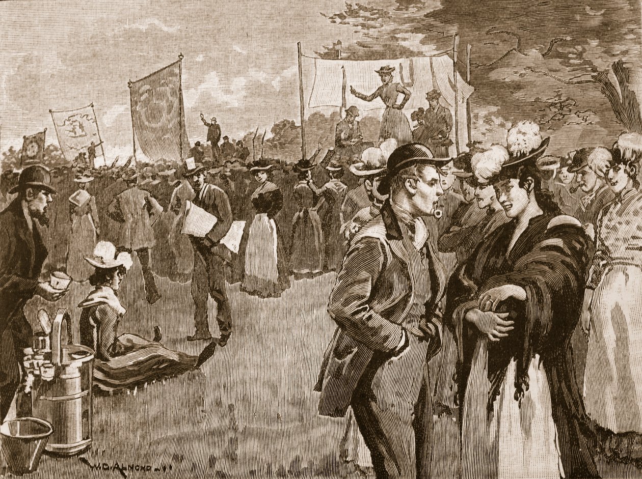 Møte med vaskekvinner i Hyde Park, 1891, illustrasjon fra Cassells Illustrated History of England (sepia-bilde) av English School