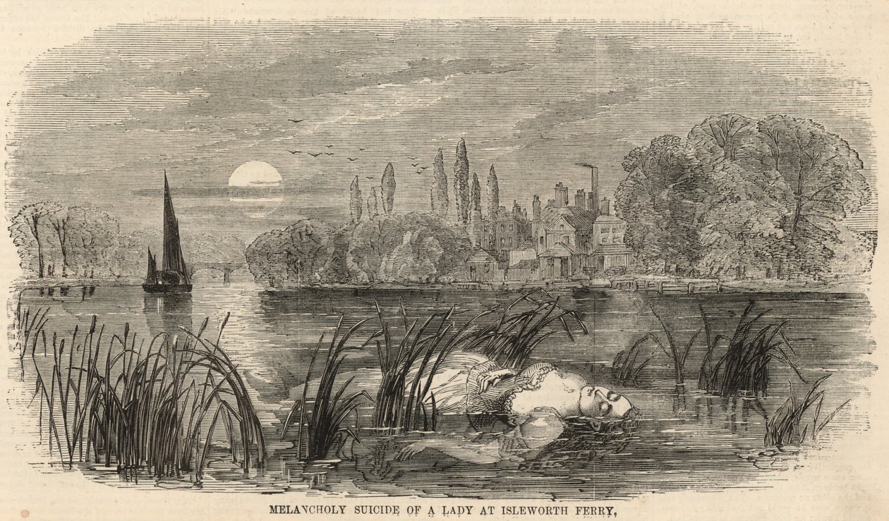 En dames melankolske selvmord ved Isleworth Ferry (gravering) av English School