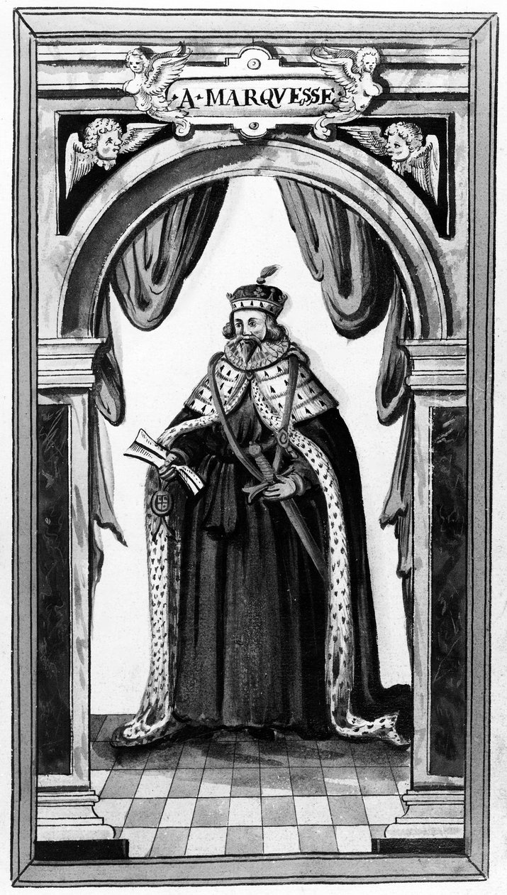 Medlem av strømpebåndsordenen og kongelig og verdifull tjener til Charles I og II, hentet fra serien Walkers Arms of Nobility av Sir Edward Walker, 17th Century (mezzotint) av English School