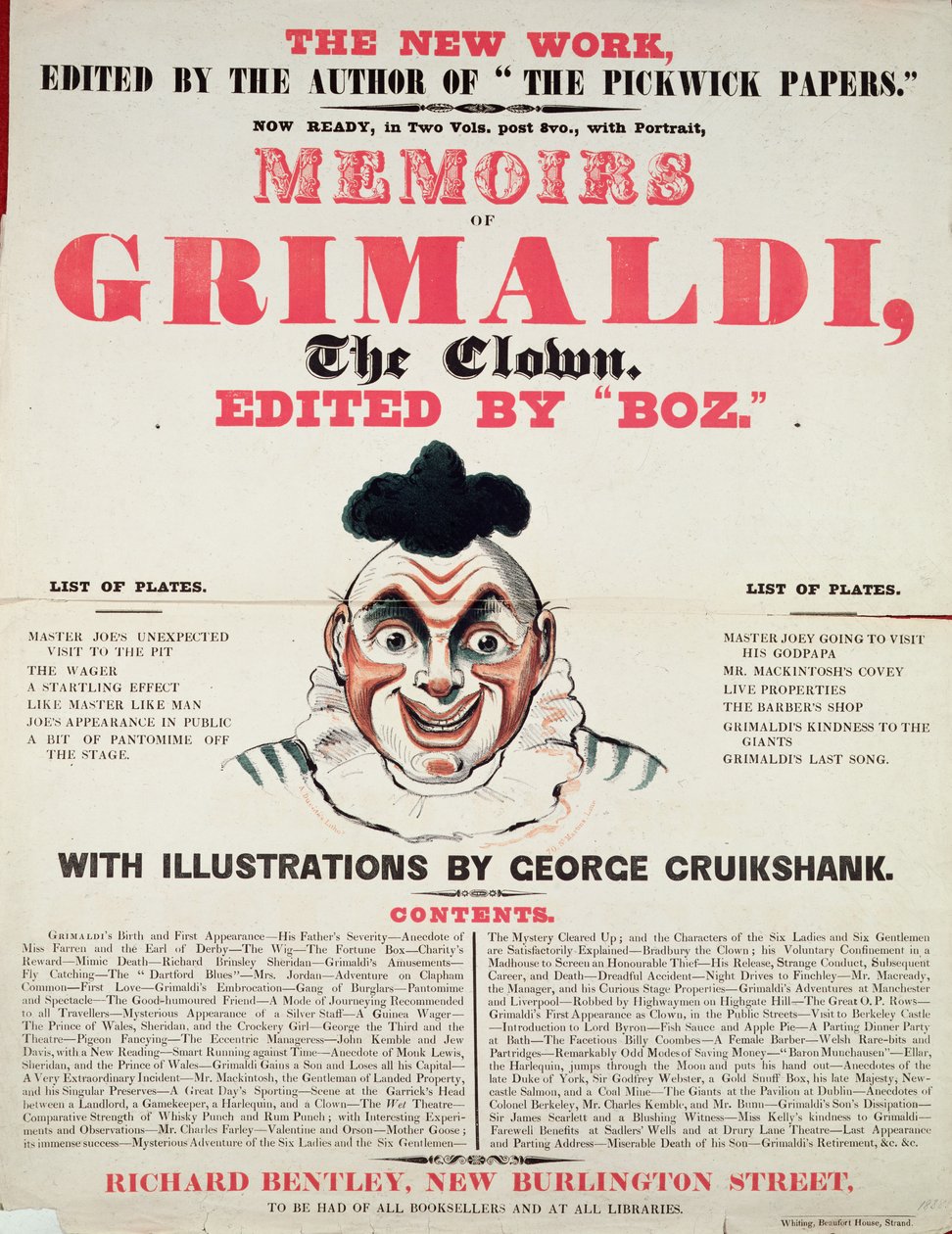 Memoirs of Grimaldi the clown, med illustrasjoner av George Cruikshank, 1888 litho) av English School