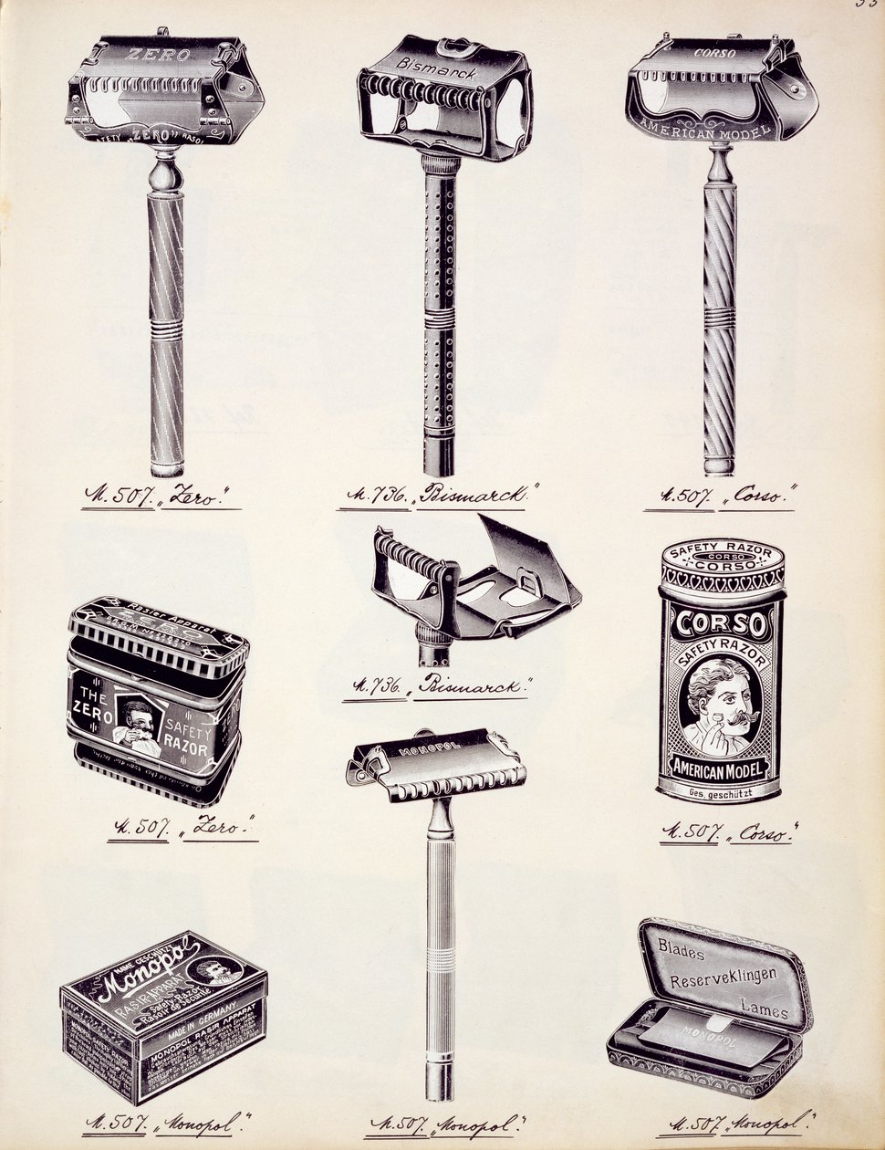 Barberutstyr for menn, fra en handelskatalog over husholdningsvarer og beslag, ca. 1890-1910 av English School