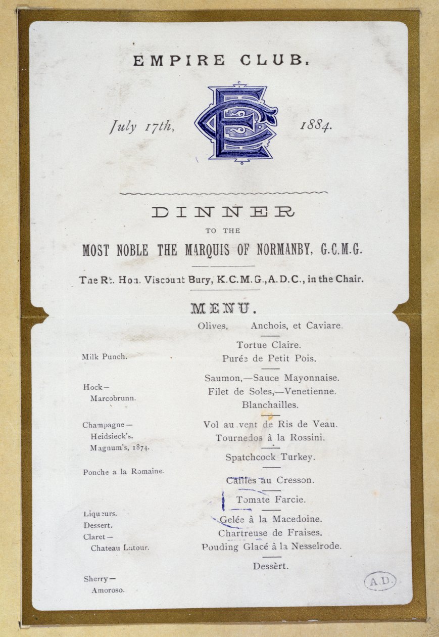 Meny fra Empire Club, 17. mars 1884 av English School